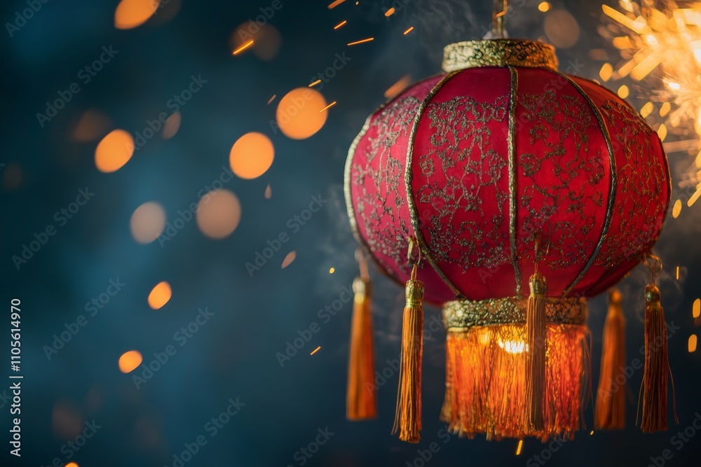 Aufkleber a decorative red lantern with intricate patterns and golden tassels, surrounded by sparkles, evokes 