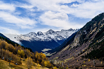 Mountains and ski resort Baqueira Beret in the municipality of Alto Aran, Aran Valley, Lerida. Snow in the Pyrenees