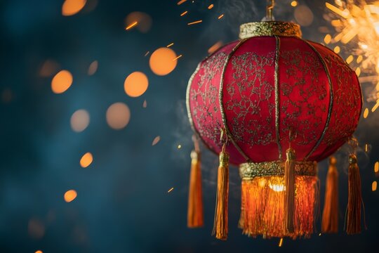 A decorative red lantern with intricate patterns and golden tassels, surrounded by sparkles, evokes a sense of festivity and celebration in a dark setting. - Powered by Adobe