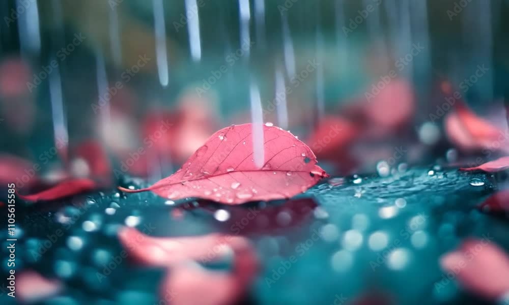 Poster raindrops on vibrant red leaf creating a poetic autumn mood : generative ai