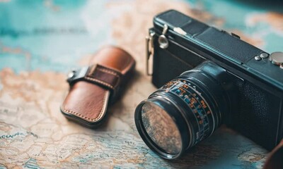 Vintage Camera on World Map with Travel Accessories Ready for Adventure : Generative AI