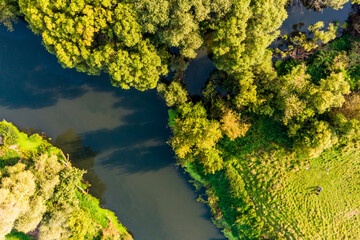 Aerial view of the river mouth. The confluence of the Luzha River and the Protva River, Kaluga...