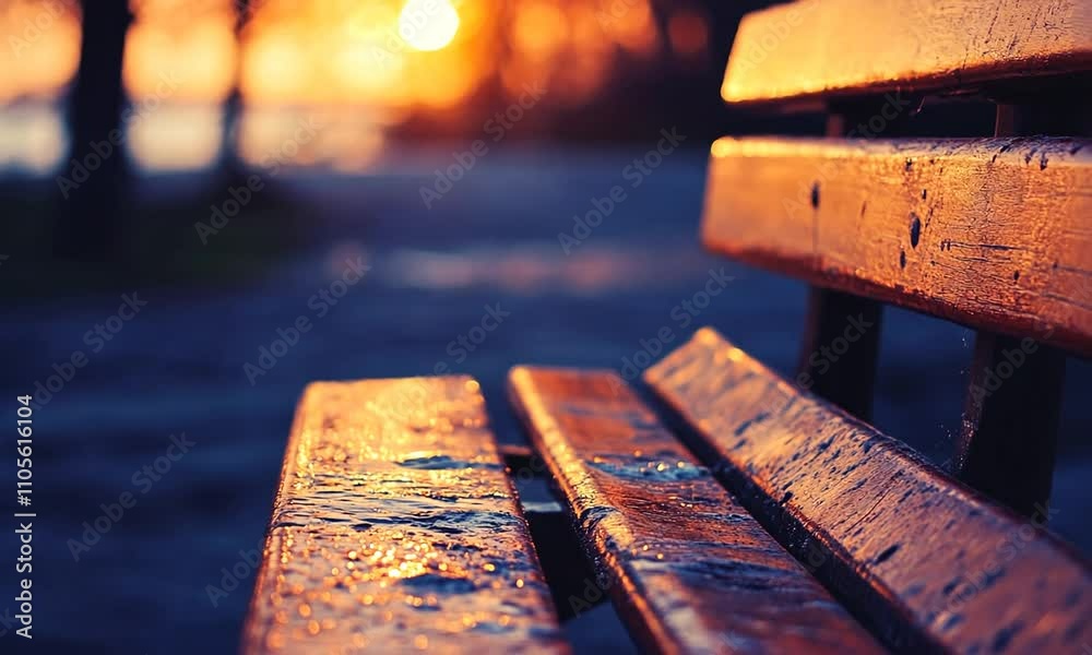Poster Warm Sunset Over Park Bench with Calm Reflections Creating Nostalgia : Generative AI