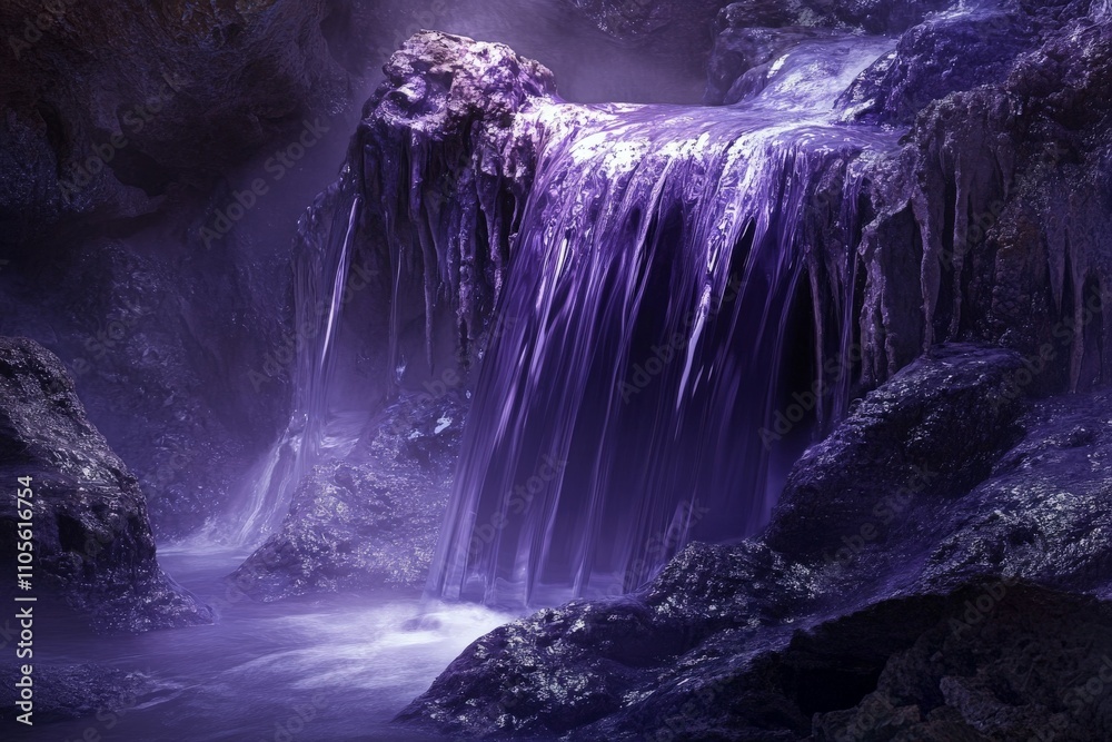 Poster this image showcases a stunning purple-toned waterfall cascading gracefully over rugged rocks, creat
