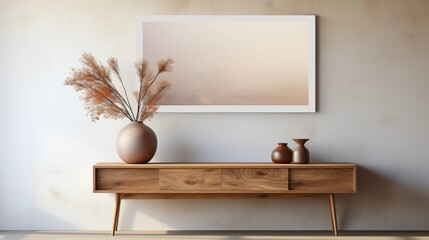 A boho-inspired living room with a wooden dresser and empty poster on the white wall. A relaxed, modern space with a personal touch.