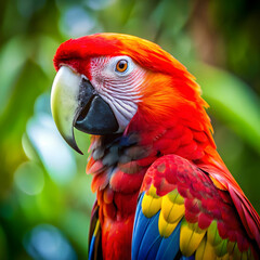 closeup view of a colorful scarlet macaw on blur