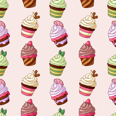 Cute cupcakes, cartoon style desserts seamless pattern, background. Vector illustration, drawings