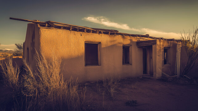 Adobe walls stand resilient against time, surrounded by desert grass and fading light, inviting explorers to uncover the stories of the past.