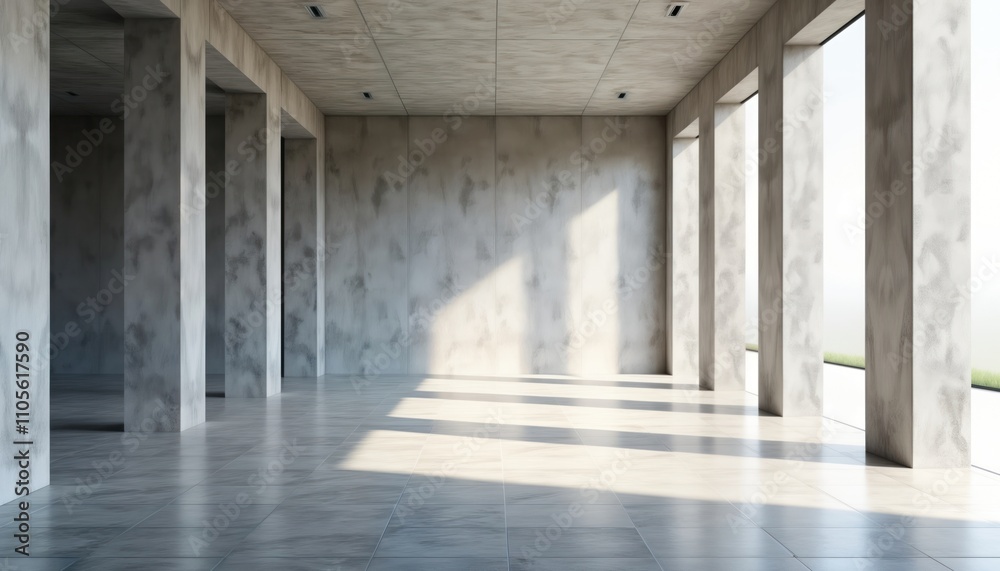 Poster Empty modern hall with grey concrete walls, columns. Sunlight streams in through large windows. Minimalist design. Suitable for architecture interior design projects. Empty space perfect for products