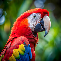 Obraz premium closeup view of a colorful scarlet macaw on blur
