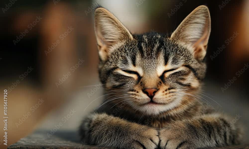 Poster adorable tabby kitten relaxing contentedly with closed eyes and paws together in cozy setting : gene