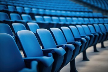 Empty stadium seats in rows. Blue plastic chairs fill arena. Sport event venue awaits. Event might postponed cancelled. Awaiting spectators. Massive empty space. Indoor arena. Sport fans seats.