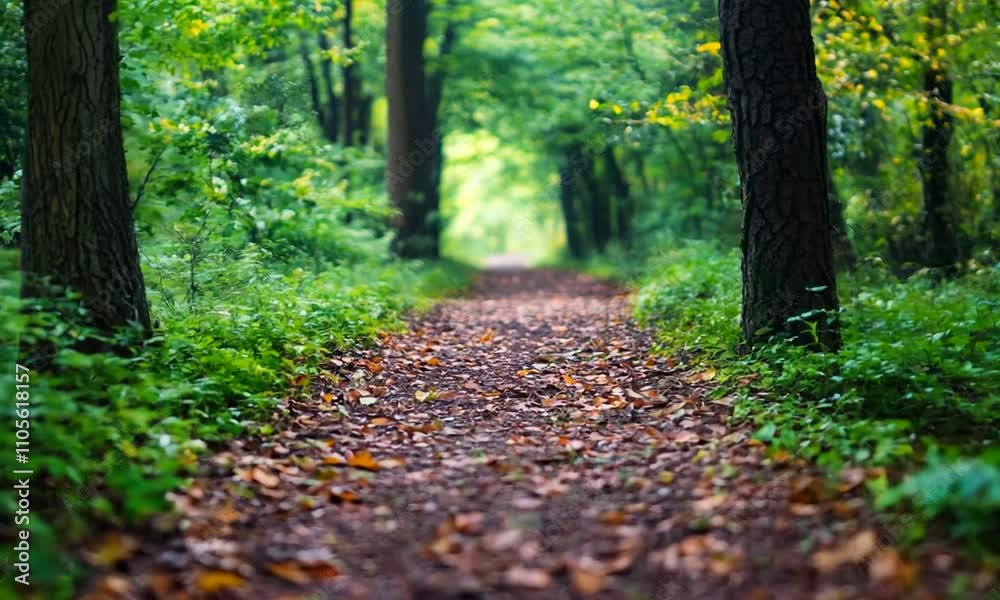 Aufkleber inviting forest pathway surrounded by lush greenery and fallen leaves in serene nature setting in au