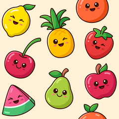Cute kawaii smiling fruits and berries seamless pattern, background. Vector illustration, cartoon style