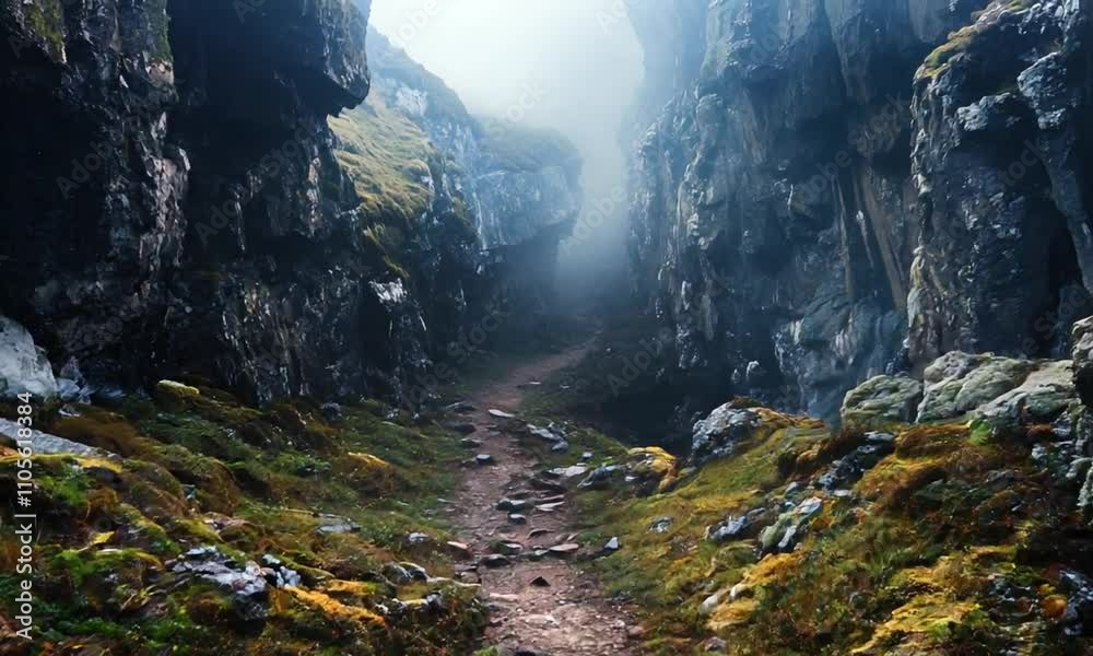 Aufkleber mystical foggy forest pathway between mossy rocky cliffs under overcast sky : generative ai