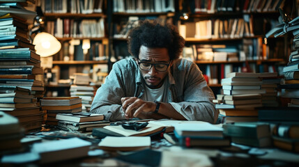 Man focused on reading at a cluttered desk filled with multiple books in a library with wooden shelves, dim lighting, wearing glasses and a striped shirt.