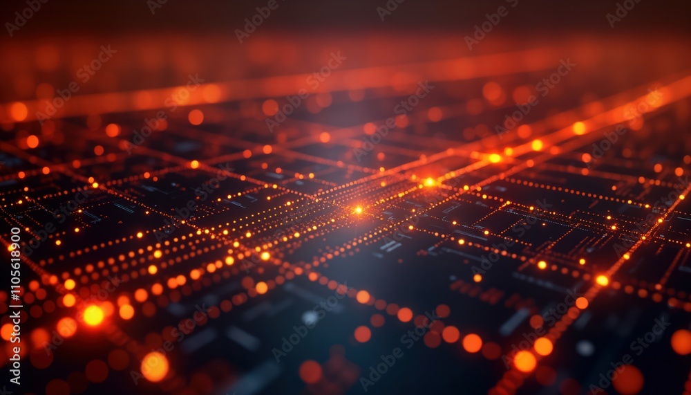 Poster Abstract futuristic tech design. Glowing orange, red circuit lines on dark background. Complex data flow pattern. Represents digital tech system. Modern, vibrant colours. Shows network motherboard.