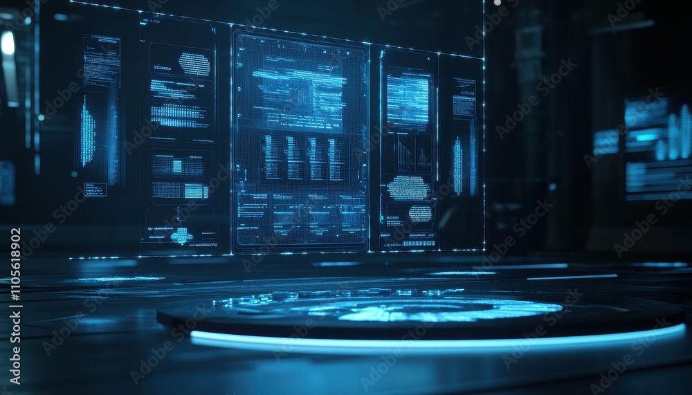 Poster Futuristic Interface Displays Data Streams And Graphs