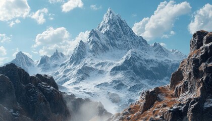 Obraz premium Majestic Snowcapped Mountain Peak Soaring Above Valley