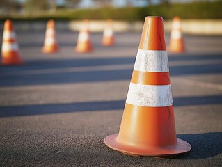 Orange traffic cones mark parking lot. Daylight outdoors. Focus on central cone. Safety measures visible. Parking lot prep driving course. Construction event prep. Prevent accidents. Daytime scene.