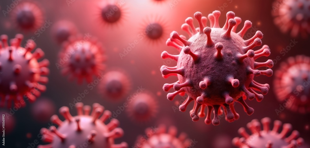 Poster reddish-pink spherical microorganism models. many similar organisms floating in air. scientific illu
