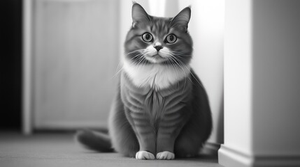 Black, white photo of cat sitting on floor looking at camera. Cute pet portrait. Indoor setting. Simple, elegant image. Suitable for pet lovers, animal themes. Perfect for animal print posters social