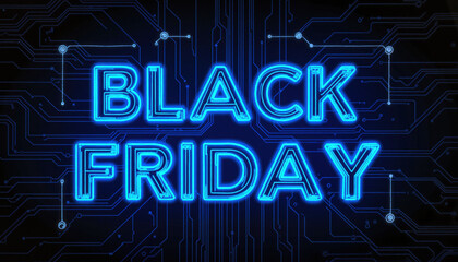 "Neon blue Black Friday text on circuit board background"