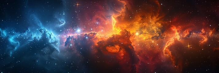Fototapeta premium Blue and orange nebulas with a scattering of stars. AI generative. .