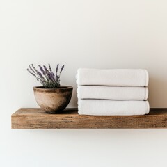 towel absorbent minimalist. A cozy shelf displays neatly folded towels beside a rustic pot of lavender, creating a serene and inviting atmosphere.