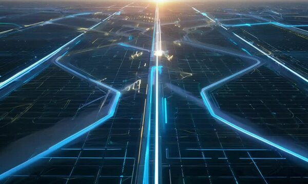 Network grid where light flows smoothly along glowing blue pathways, giving the impression of high-speed connectivity