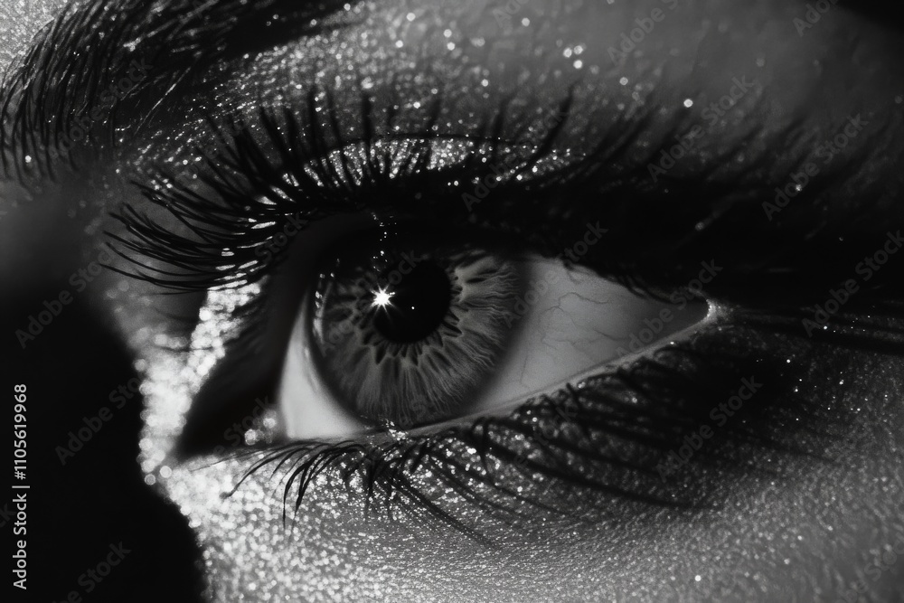 Aufkleber A black and white close-up of an expressive eye, manipulating light and shadow to enhance the texture and depth, symbolic of introspection and thoughtfulness.