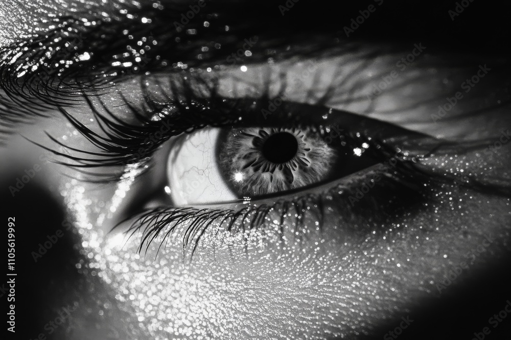 Poster a detailed monochrome photograph focusing on an eye embellished with glitter, beautifully capturing 