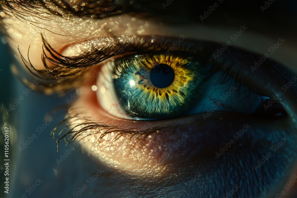 Poster a close-up of an eye exhibiting intense colors such as blues and yellows with a bright light reflect