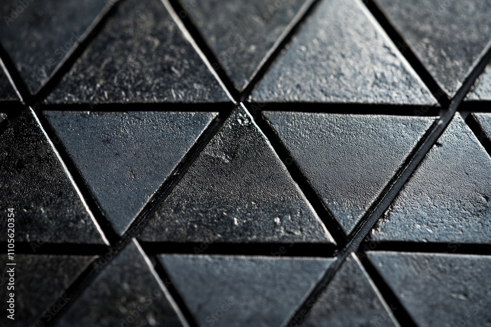 Poster A close-up shot of dark triangular tiles arranged in a geometric pattern, showcasing minimalism and modernity with a sense of precision and aesthetic allure.