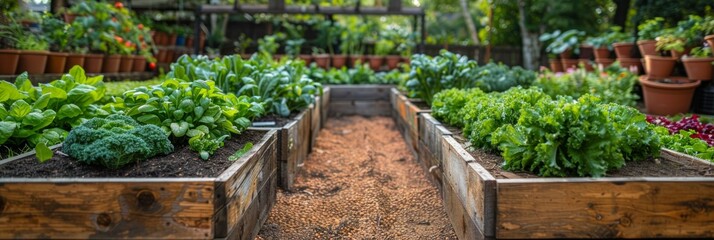 A pathway of gravel separates two raised garden beds filled with lush green leafy vegetables. AI generative. .