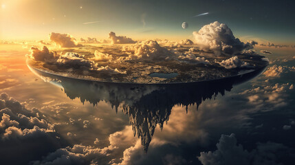 A fantastical skyscape depicts a spherical land mass suspended amidst swirling clouds and celestial bodies. Flat earth theory with a floating island of rock