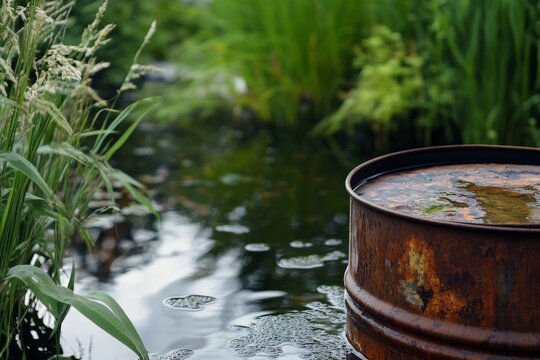 A rusting heating oil barrel is immersed in quiet water; the image emphasizes human effects on nature with rich, reflective themes captured in realistic detail.