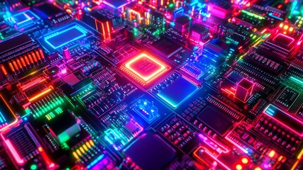Fototapeta premium Advanced circuit board glowing with vibrant neon col AI generated illustration