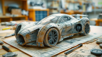 Closeup of a futuristic car,  partially covered in blue lines on blueprint paper. AI generative. .