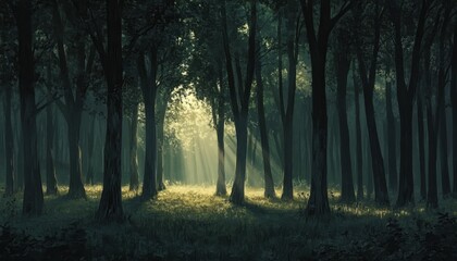 Fototapeta premium Sunlit Path Through A Dark And Mysterious Forest
