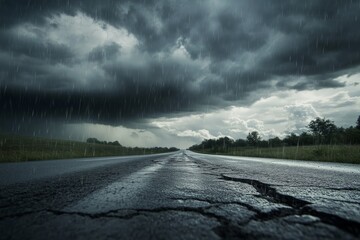 Dark storm clouds approach over a cracked highway running through nature, capturing the raw beauty and unpredictability of weather and the vastness of landscape. © ChaoticMind