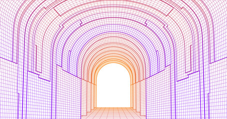 Futuristic low poly sci-fi laboratory or spaceship corridor with neon light.