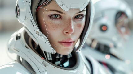 Fototapeta premium Closeup of a woman's face in a futuristic helmet. AI generative. .