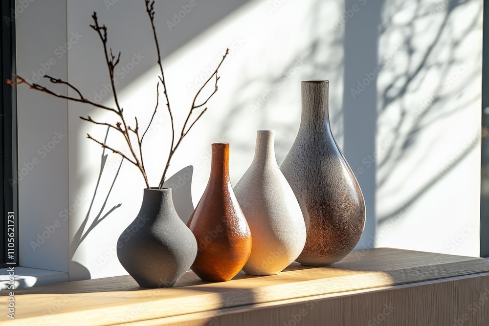 Aufkleber four distinct, colorful vases with unique shapes stand beside a bright window, inviting sunlight and