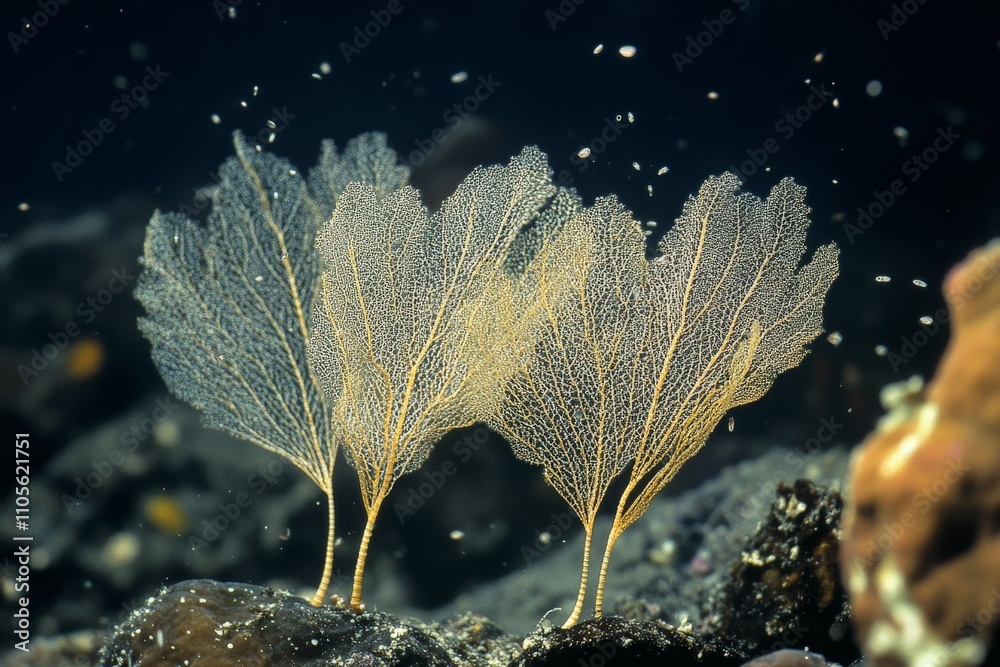 Poster Delicate sea fans gracefully sway in an underwater environment, showcasing intricate branching patterns, set against a background of dark water flowing gently around them.