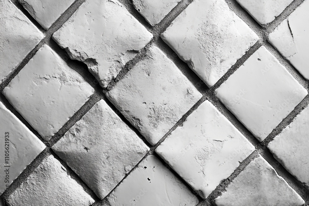 Leinwandbilder This image showcases a set of worn, white tiles arranged in a diagonal pattern, emphasizing the texture and age of the materials, creating a rustic ambiance.