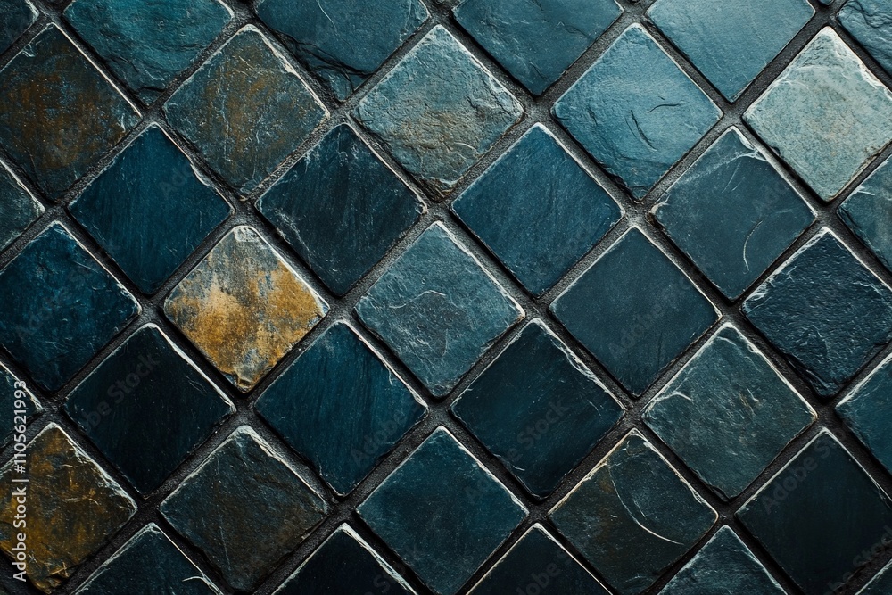Poster This image depicts colorful slate tiles arranged in a vivid diagonal pattern, showcasing the natural tones and textures in a harmonious and eye-catching design.