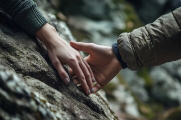 Two hands grasp on a rocky surface, symbolizing support and connection. This artistic image highlights the abstract notion of human bond in challenging scenarios.