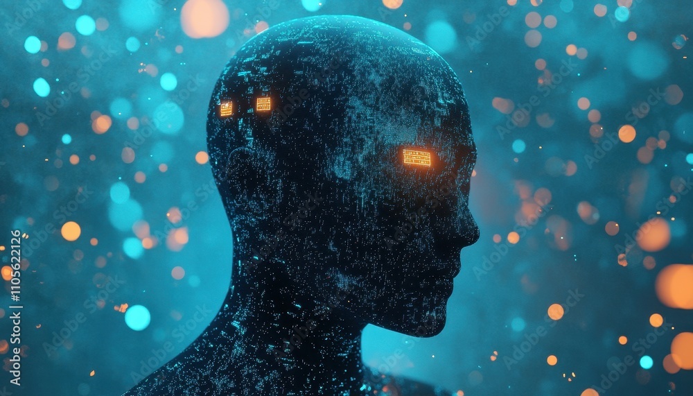 Poster Digital Humanoid Head Illuminated With Glowing Data Streams