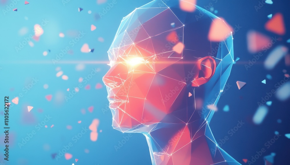 Poster abstract polygonal head glowing with light particles